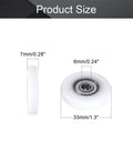 Rock Solid White Nylon Roller Idler Pulley With 626ZZ Bearing Slick Sliding Conveyor Wheel For Furniture Tracks Cabinet Doors 4 Pack showing size dimensions.