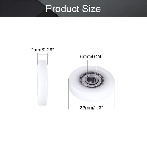 Rock Solid White Nylon Roller Idler Pulley With 626ZZ Bearing Slick Sliding Conveyor Wheel For Furniture Tracks Cabinet Doors 4 Pack showing size dimensions.