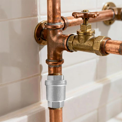 3/4" NPT stainless steel spring check valve inline on copper water line
