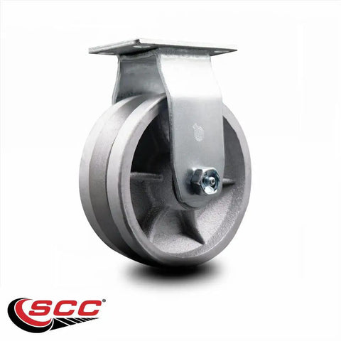 Heavy Duty Rigid Top Plate Caster Featuring A 5 Inch Semi Steel V Groove Wheel With Roller Bearings viewed from the side.