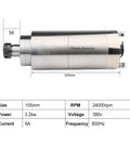 Diagram of Beefed Up 3.2 kW CNC Spindle Motor, Water Cooled 380V ER25, 105mm Body, dimensions and specifications shown.