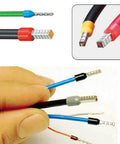 Close-up of 800 Piece Ferrule Wire Terminal Kit With Copper Crimp Connectors And Insulated Cord Pin End Terminals For AWG 22 To 10 Waterproof Visual Inspection Ready Comprehensive Wire Connector Set For Electrical Projects, showing multiple colored wire ends with copper ferrules.