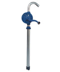 Heavy Duty Cast Iron Rotary Drum Pump That Hauls Diesel Motor Oil And Kerosene Straight Out Of Full Size Fifty Five Gallon Barrels With Zero Electric Plug Required For Farm Or Shop Use, manual pump with blue and silver colors.
