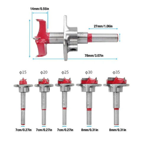 Legit Carbide Tipped Forstner Drill Bit Set 15Mm To 35Mm Woodworking Hole Saw Kit showing five bits with sizes 15mm to 35mm.