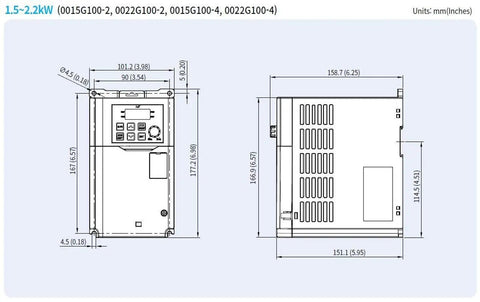 G100 Series 2.2 kW VFD For Industrial Motors 230V Three Phase Input V F Control And Sensorless Vector Control Workhorse General Purpose Variable Frequency Drive With Built In EMC Filter And Smooth Speed Regulation, dimension drawing
