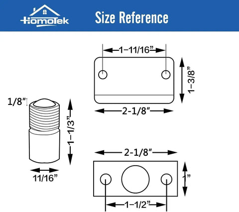 Size diagram for 2 Pack Closet Door Ball Spring Catch Replacement Drive In Ball Catch Adjustable French Door Hardware