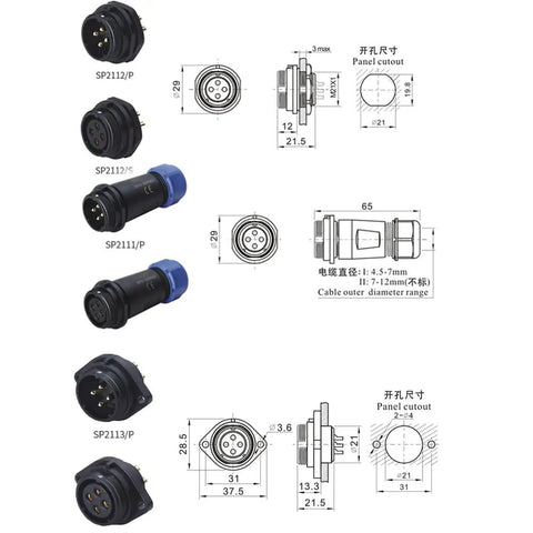 SP21 5 Pin IP68 Waterproof Aviation Circular Connector 21mm Panel Mount 30A Plug Socket With Dust Cover For Rugged Industrial Power And Signal Applications panel mount dimensions