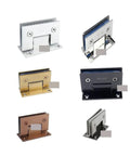 Multiple Two Pack Stainless Steel Frameless Glass Door Hinge 180 Degrees Folding Clip for Bathrooms and Cabinets displayed