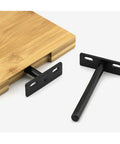 Built Tough T Shaped Wall Bracket Premium Silver Shelf Support with black metal hitch next to bamboo shelf.