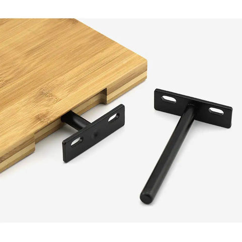 Built Tough T Shaped Wall Bracket Premium Silver Shelf Support with black metal hitch next to bamboo shelf.