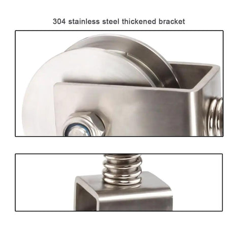 Badass Stainless Steel Gate Wheels With Hella Smooth V Groove Rollers For Sliding And Rolling Gates Spring Loaded Casters 68 Mm Heavy Duty Wheel 550 Lbs Capacity Built Tough For Extreme Weather close-up of thickened 304 stainless steel bracket and roller