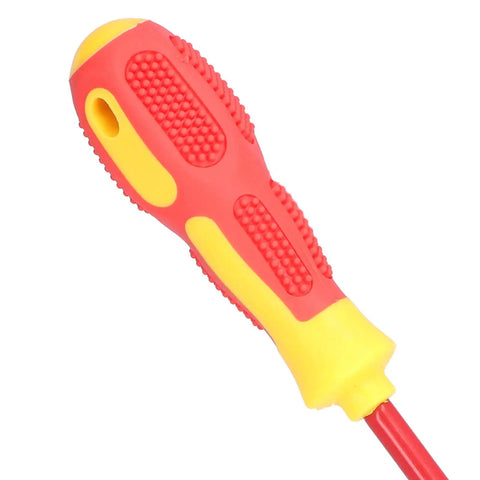 Insulated 7 Piece Screwdriver Set With Ergonomic Non Slip Handles And Magnetic Tips For Electricians Easy Grip And Fatigue Reduction Chrome Steel Shafts For Reliable Electrical Repair And Maintenance red and yellow handle close-up