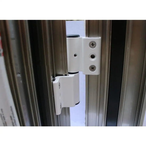 Two Pack Thickened Aluminum Door Window Hinge Set left hinge installation on flat glass door showing screws and durability.