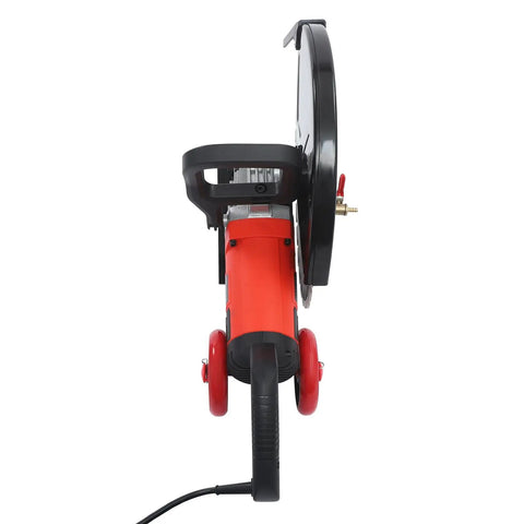 Job Site Ready 16 Inch Wet Dry Electric Concrete Cutting Saw With Integrated Water Pump and Extended Hose for Crisp Dust Free Grooving on granite, tile, stone, wood, and brick works, heavy duty design.