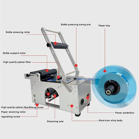 Semi Automatic Round Bottle Labeler With Built In Date Printer showing components like bottle pressing arm and aluminum body.