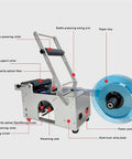 Heavy Duty Semi Automatic Round Bottle Labeler And Thermal Date Printer showing components like bottle pressing arm and aluminum alloy body.