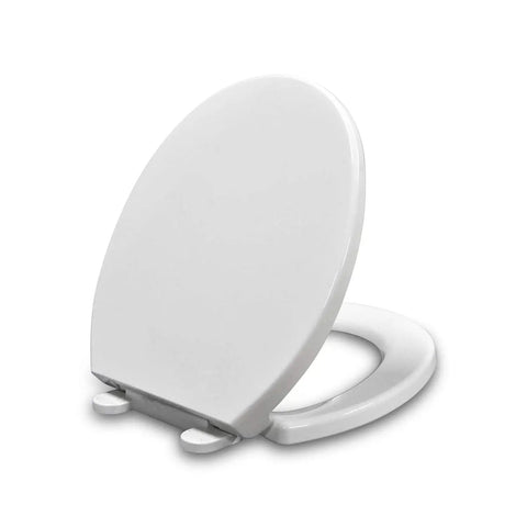 Round Toilet Seat With Non Slip Bumpers Universal Quiet Close Lid Easy To Install Never Loosen Fits Standard Round Toilets Bowl Durable White With Soft Close Hinges System shown at an angle