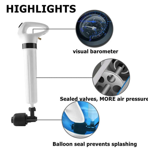 Heavy Duty Air Plunger For Toilet And Drain Unclogger With 80 Psi Power features barometer, sealed valves, balloon seal