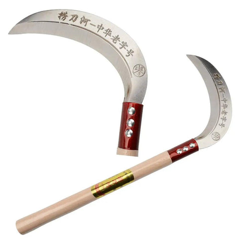 Multipurpose Grass Sickle With Hardwood Handle And Manganese Steel Blade Long Lasting Weed Cutter shown with close-up of blade.