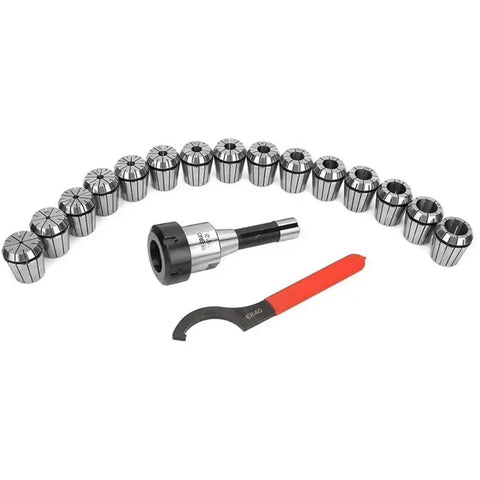 Heavy Duty ER40 Collet Chuck Set With Ergonomic Handle Spanner And 15 Precision Collets For CNC Milling, including collets and spanner.