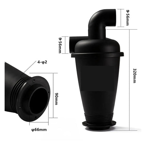 Black industrial cyclone dust separator for vacuum cleaners with dimensions for woodworking dust collection, turbocharged suction.