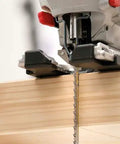 Ultra Tough Extra Long Single Lug Jigsaw Blades Designed For No Sweat Cutting Through Wood Hardwood Chipboard And Soft Plastics Pro Level Precision Results Pack Of Twenty Fits Einhell Bosch Jigsaws cutting through a wooden plank.