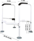 Heavy Duty Toilet Safety Rails For Seniors With Adjustable Carbon Steel Frame, non-slip design and precise dimensions shown.