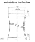 Technical drawing of bicycle head tube sizes for 1-1/8 Inch Threadless Bike Headset Kit For MTB BMX Road Bikes with 34mm frame fit