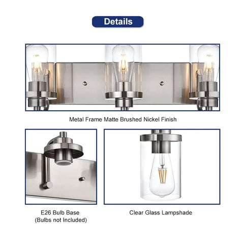 3 Light Vanity Bar Over Mirror With Brushed Nickel Finish And Clear Glass Shades For Bathroom Hallway Living Room Or Bedroom Sleek Modern Wall Sconce Lighting That Looks Sharp And Boosts Brilliance, detailed view showing metal frame and bulb base