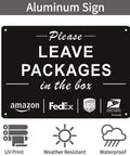 Please Leave Packages In The Box Sign Ten By Seven Inches Aluminum Rust Free 40 Mil UV Printed Reflective Outdoor Sign Easy Mount No Fading Weatherproof For Busy Homes And Apartments No Fuss Delivery Reminder That Keeps Packages Safe. black 10x7 aluminum package sign with holes