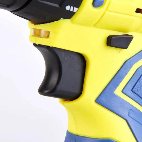 Close-up of the trigger of a Heavy Duty Cordless Electric Drill With Rechargeable Battery And Brushless Motor Smart Chuck.