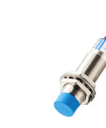 Capacitive Proximity Sensor Switch 6-36V DC Three-Wire NPN PNP NO NC 10mm Sensing Distance, shown with metal housing and blue tip.