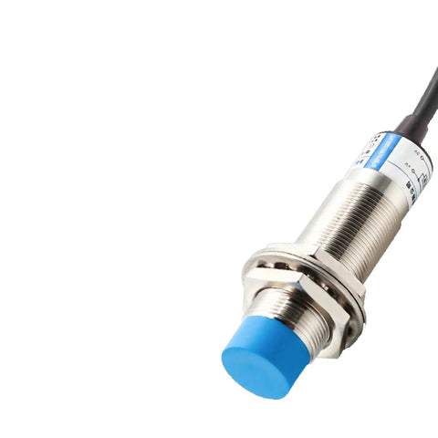 Capacitive Proximity Sensor Switch 6-36V DC Three-Wire NPN PNP NO NC 10mm Sensing Distance, shown with metal housing and blue tip.