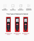 Three BE-TOOL Laser Measure models showing 40m, 60m, and 80m measurement distances with large LCD displays.