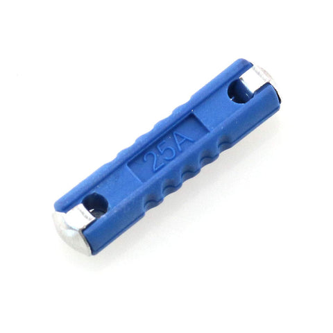 European Auto Torpedo Fuses 50 Pack With Color Coded Plastic Bodies Heavy Duty 25A fuse with blue plastic body for quick swaps.