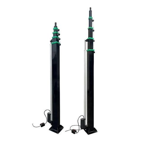 Heavy Duty Telescopic Electric Mast 12V 24V 48V Extending Four To Nine Meters, shown in extended and retracted positions, with control cables.