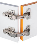 Two Pack 135 Degree Lazy Susan Concealed Cabinet Hinges For Corner Kitchen Cabinets Full Overlay Self Closing Hidden Door Hardware Durable Steel Replacement Hinges For Cupboards And Folded Doors, installed close-up on white panels.