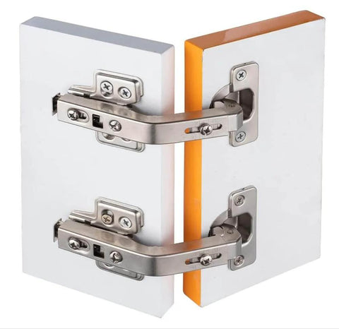 Two Pack 135 Degree Lazy Susan Concealed Cabinet Hinges For Corner Kitchen Cabinets Full Overlay Self Closing Hidden Door Hardware Durable Steel Replacement Hinges For Cupboards And Folded Doors, installed close-up on white panels.