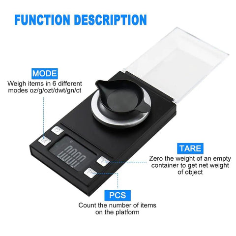 Ultra Precision Milligram Scale 50g/0.001g Pocket Scale With Tare And LCD Display showing functions and modes