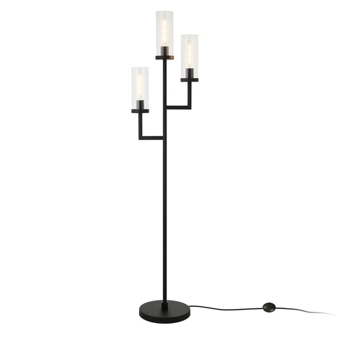 Three Light Torchiere Floor Lamp With Glass Shades In Blackened Bronze And Clear Finish, Sleek Modern Standing Lamp With Foot Switch