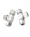 304 Stainless Steel Compression Tee Three Quarter Inch OD Three Way Connector Tube Fitting Pack Of 1 Beefy Built To Last Heavy Duty Leak Proof Ferrule Design For High Pressure Plumbing And Irrigation Systems, shown front view