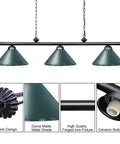 59 Inch Hanging Pool Table Light With Three Shade Billiard Lamps, Adjustable Chain For Your Bar Or Dining Room, Game Room, Green Finish, Bright Clear Illumination For Perfect Play