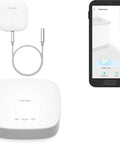 Ultra Long Range Water Leak Sensor With 105dB Siren And Open Air Range For Smart Home No WiFi Needed LoRa Based Detector 4.2 Ft Rope Cable Alexa And IFTTT Compatible Includes Hub 2 Plus Year Battery Life with smartphone app interface.