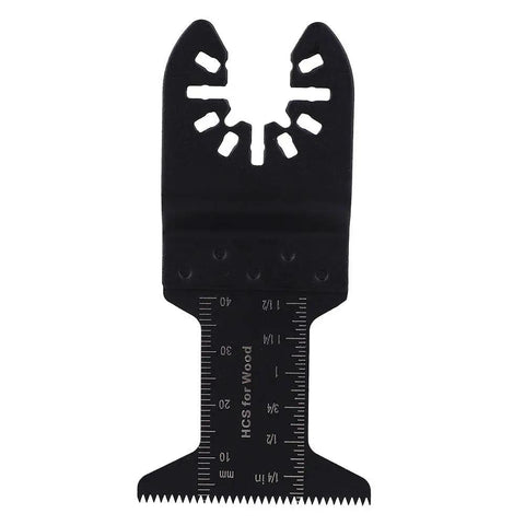 High carbon steel blade for 33 Piece Universal Oscillating Multitool Blade Set Heavy-Duty for wood with measurement scale visible