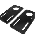 Front view: two black metal motor mounting brackets for NEMA 17 stepper motors, circular hole and dual slots.