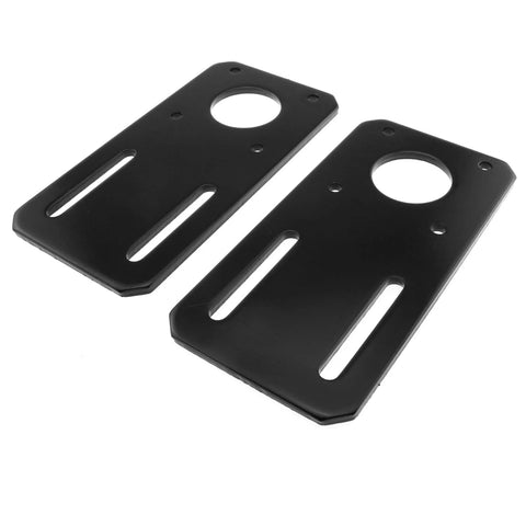 Front view: two black metal motor mounting brackets for NEMA 17 stepper motors, circular hole and dual slots.