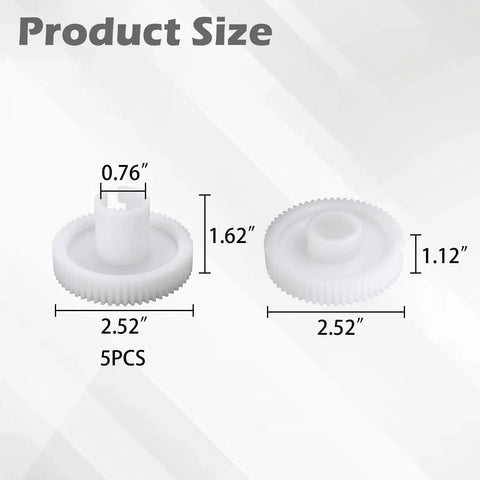 Replacement Gear Set For A Series Upright Glass Washer 6 Pack White Plastic Gears with dimensions and sizes shown