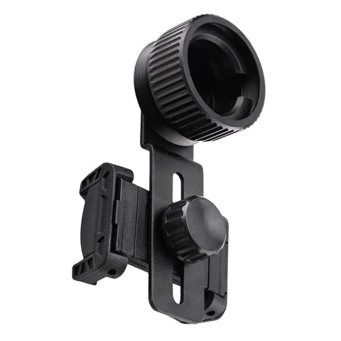 Phone Mount For Telescope And Optics, Adjustable Adapter For Outdoor Viewing, Quick Twist Lock Clamp shown in black material.