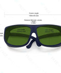 Pro Grade Laser Safety Glasses With Hella Protective OD Six Plus Coverage From 190NM To 1700NM Wavelengths side angle view with measurements.