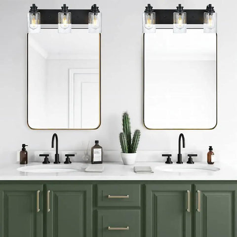 Three Light Black Vanity Light Fixtures Over Mirror With Seeded Glass Shades Industrial Wall Mount Lamps For The Bathroom Metal Bathroom Lighting Dope Modern Look above white double sink